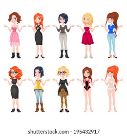 Women with different dresses, clothes and shoes. Funny cartoon vector isolated characters.