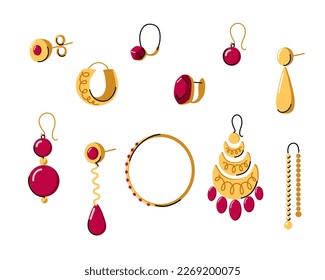 Women different earrings types collection. Gold jewelry with red gems. Hand made and craft jewelry concept. Doodle hand drawn vecror illustration set.