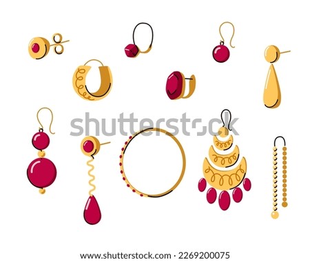 Women different earrings types collection. Gold jewelry with red gems. Hand made and craft jewelry concept. Doodle hand drawn vecror illustration set. Foto stock © 