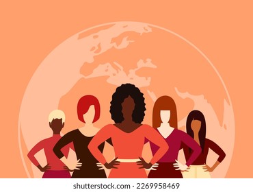 Women of different ethnic groups standing together on the background of the Earth globe. Vector illustration in flat style