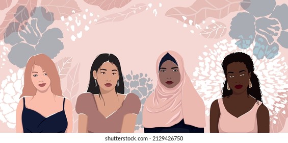 Women of different ethnic groups together. Modern flat illustration with flowers and leaves. Womens day