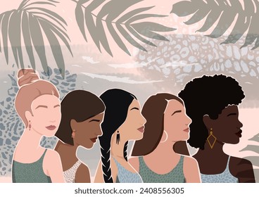 Women of different ethnic groups together. Watercolor background with palm leaves. Modern flat vector illustration.