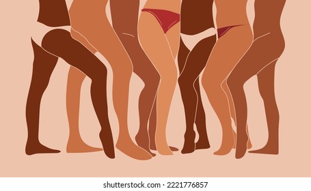 Women of different ethnicities and cultures stand side by side together. Strong and brave girls support each other and feminist movement. Sisterhood and females friendship. Vector illustration