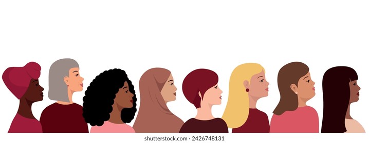 Women of different ethnicities and cultures stand side by side together. Multi-ethnic beauty.  Vector illustration.