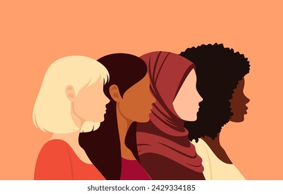 Mujeres de diferentes etnias, tonos de piel y colores de cabello de pie juntos en una fila, vista lateral. Ilustración vectorial en estilo plano