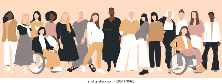 Women of different ethnicities stand side by side together. Flat vector illustration.