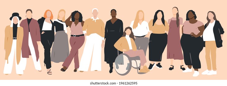 Women of different ethnicities stand side by side together. Flat vector illustration.	