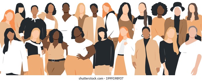 Women of different ethnicities stand side by side together. Flat vector illustration.