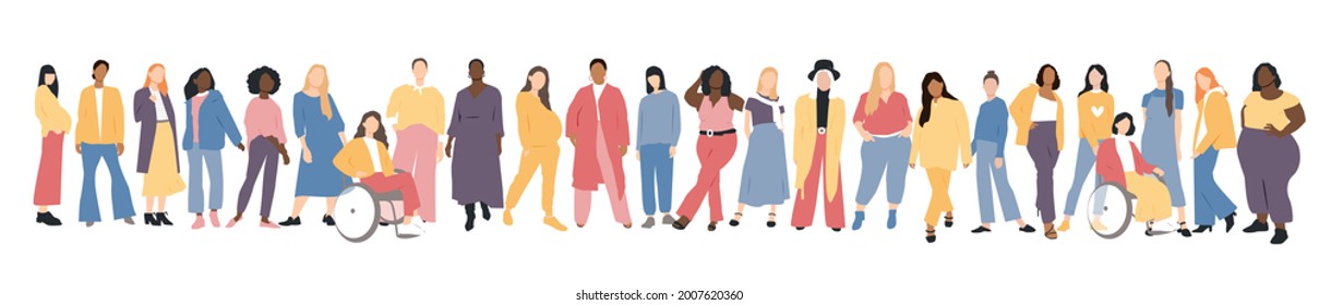 Las mujeres de diferentes etnias están juntas. Ilustración vectorial plana.	