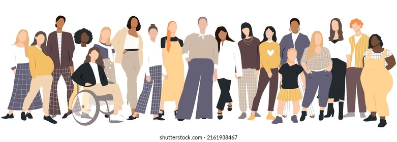 Las mujeres de diferentes etnias están juntas. Ilustración vectorial plana.