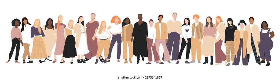 Women Of Different Ethnicities Stand Side By Side Together. Flat Vector Illustration.	