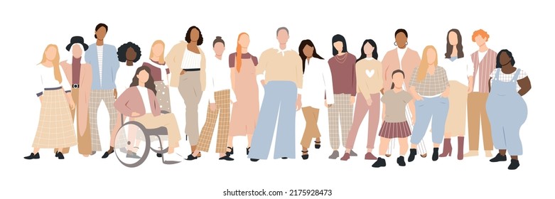 Las mujeres de diferentes etnias están juntas. Ilustración vectorial plana.	