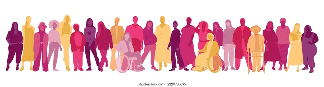 Women of different ethnicities stand side by side together. Flat vector illustration.	