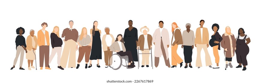 Women of different ethnicities stand side by side together. Flat vector illustration.