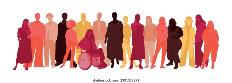 Women of different ethnicities stand side by side together. Flat vector illustration.