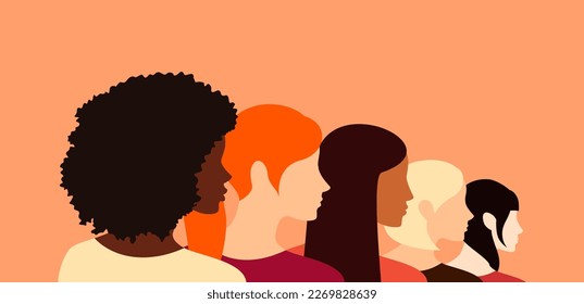 Women of different ethnicities standing together in a row, side view. Vector illustration in flat style