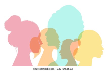 Women of different ethnicities standing together. Female silhouettes isolated on transparent background in concept of diversity, communication, cultural and social differences. Vector illustration

