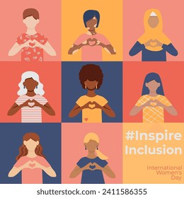 Women of different ethnicities together. Banner International Women's Day. 8 march. #InspireInclusion. Faceless vector illustration