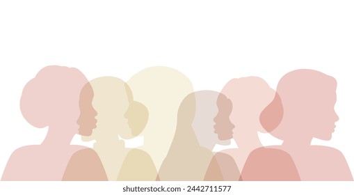 Mujeres de diferentes etnias juntas. Siluetas de Mujeres, vista lateral. Concepto de Feminismo, Lucha por los Derechos, Día de la Madre, Día Internacional de la Mujer. Ilustración vectorial plana