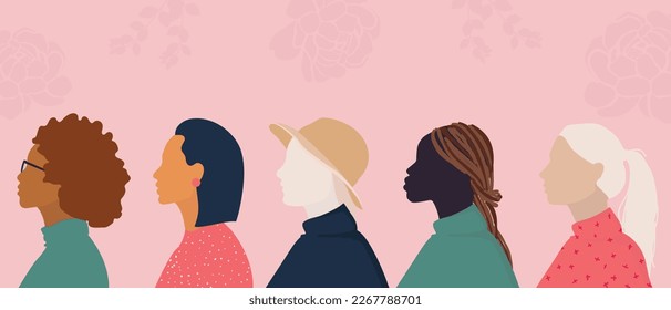 Women of different ethnicities together. vector illustration of woman head silhouette. concept of International woman's day, mother's day.	
