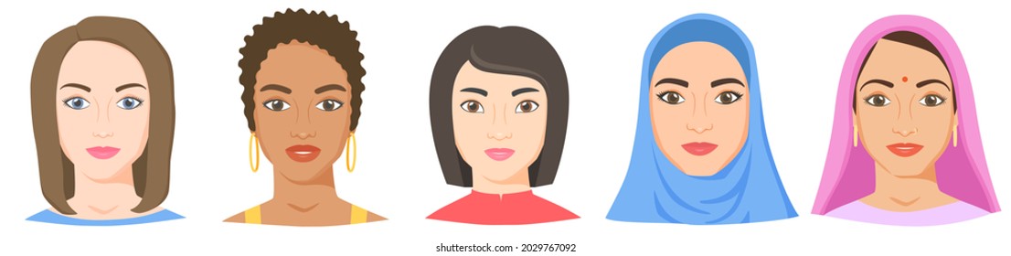 Women with different ethnicity, race and appearance. White, black, Asian, Arab, Indian female faces in flat style. Vector collection