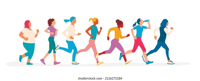 Women different ethnicity are running. Color vector illustration.