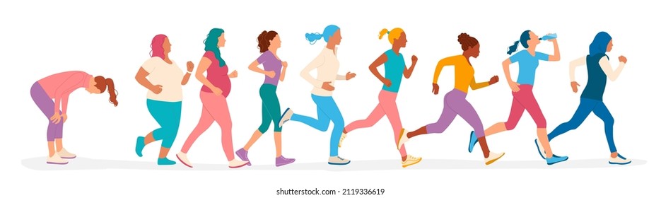 Women different ethnicity are running. Flat vector runner jogging characters set. Color vector illustration.