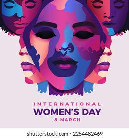 Women of different ethnicity standing together. International Women's day. Concept of unitiy, empowerment, equal rights, freedom. Multi cultural vector graphic design illustration.