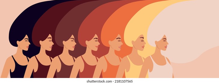 Mujeres de diferente color de pelo. Una paleta de colores para el cabello. Retrato de alto nivel de cintura en perfil. Ilustración para tintes de pelo, cuidado de pelo, salón de belleza, champú, etc.