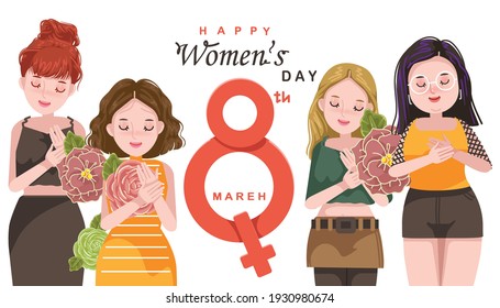 Women of different hair colors, shapes, sizes. Fat, thin, tall and short. A group of girls holding flowers and greeting cards number 8. International Women's Day on March 8 every year. 