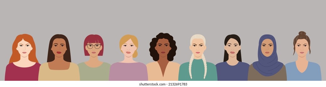 Women with different hairstyles, skin colors, races, ages stand together. Diverse portraits of dissatisfied, angry, irate women. Girl power. Female empowerment. Flat vector illustration.