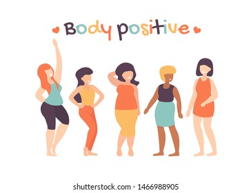 Women of different height, figure type and size dresses. Modern female flat vector characters design. Body positive movement and beauty diversity.