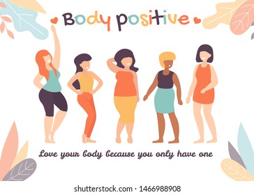 Women of different height, figure type and size dresses. Modern female flat vector characters design. Body positive movement and beauty diversity.