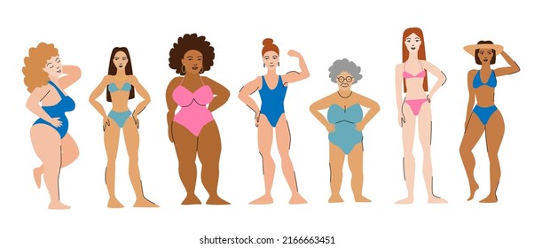 Women of different height, figure type, skin tone and age in swimsuits. Body positive and beauty diversity illustration set. 