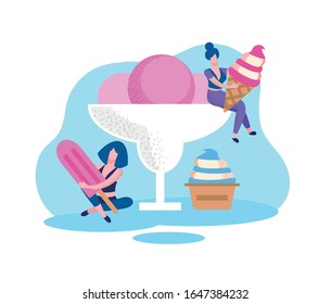 Women with Different Kinds Ice Cream In Hands. Ice Cream on Stick and in Horn. Sweets on White Background. Vector Illustration. Organic Ice Cream. Produced by Natural Products. Healthy Lifestyle.