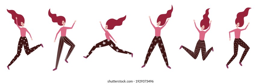Women in different movement poses. Women are jumping, running, dancing, having fun.