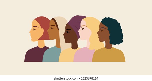 Women Of Different Nationalities Border Pastel Background, Vector Illustration