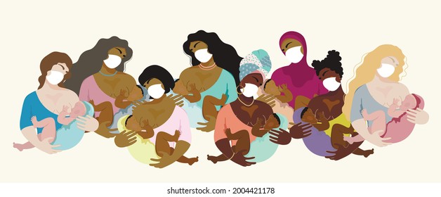 Women of different nationalities breastfeed the baby wearing a mask. Breastfeeding safety during the coronavirus epidemic. Vector illustration.
