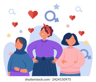 Women of different nationalities celebrating International womens day vector illustration. Venus signs, stars, hearts on background.  Empowerment, equity, womens rights, equality concept