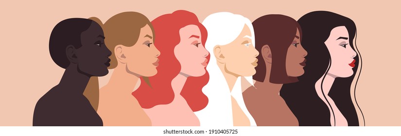 Women of different nationalities and cultures: African, European, Latin American, Arab, Asian. Women's friendship. The concept of gender equality.