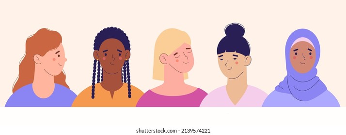 Women of different nationalities and cultures. Concept of women's friendship and peace