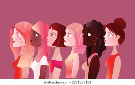 Mujeres de diferentes nacionalidades y culturas. Ocho de marzo. Día Internacional de la Mujer. 8 de marzo. Mujeres, sindicatos de feministas o hermandad. El movimiento de empoderamiento femenino. Ilustración de feministas