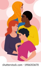 Women of different nationalities and cultures. Friendship, feminist, sisterhood or woman’s day concept. Vector illustration in flat style