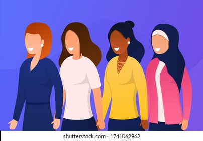 Women of different nationalities and cultures stand together Support each other The concept of female friendship and feminism International sisterhood. Colorful Illustration of empowerment Flat Vector