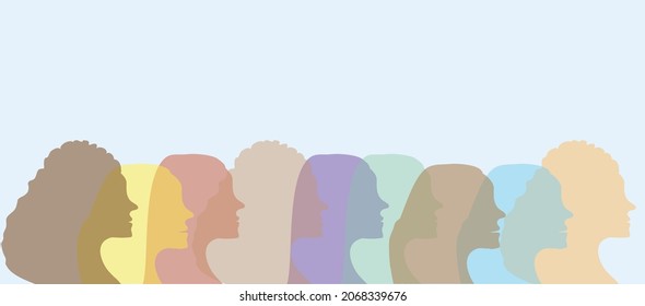  Women of different nationalities and cultures stand together. Poster of friendship, union of feminists. Isolated on a soft blue background.