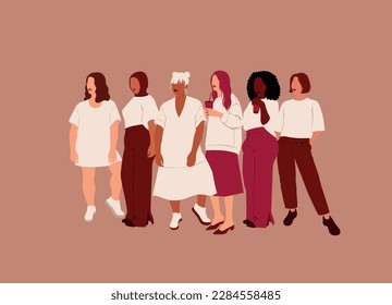 women of different nationalities and cultures stand together, togetherness concept, Vector flat illustration on the theme of unity