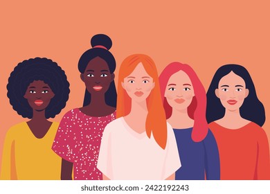 Women of different nationalities and cultures stand together. Vector illustration in flat style. Women's friendship, feminist union or sisterhood. International Women's Day.