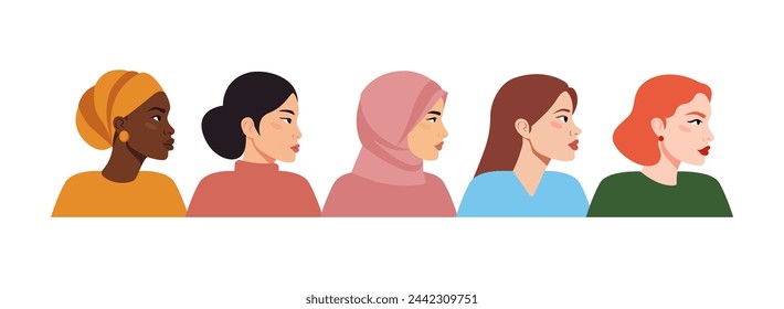 Women of different nationalities and cultures standing together. International Women’s Day. Cartoon characters. Women's friendship, union of feminists. Concept of the female's empowerment movement