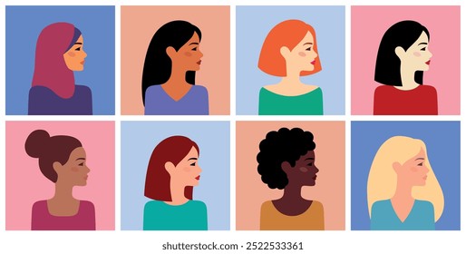 Mujeres de diferentes nacionalidades y culturas unidas. Amistad de mujeres, unión de feministas o hermandad. El concepto del movimiento de empoderamiento femenino.