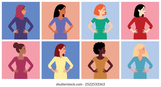 Mujeres de diferentes nacionalidades y culturas unidas. Amistad de mujeres, unión de feministas o hermandad. El concepto del movimiento de empoderamiento femenino.